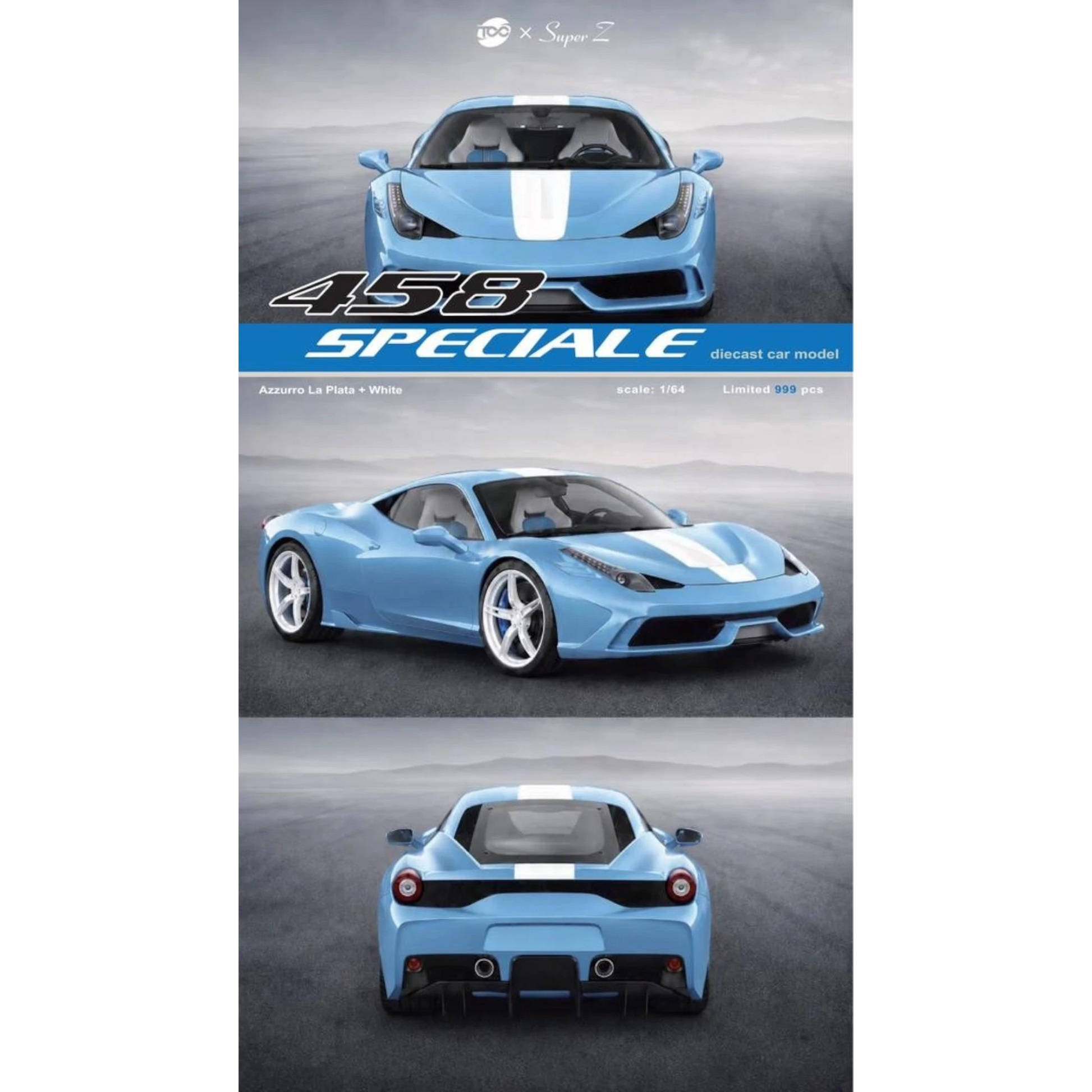 Lot57Supplies Diecast Shop 1:64 scale TOC x Super Z Ferrari 458 Speciale in Azzurro La Plata blue with white stripes