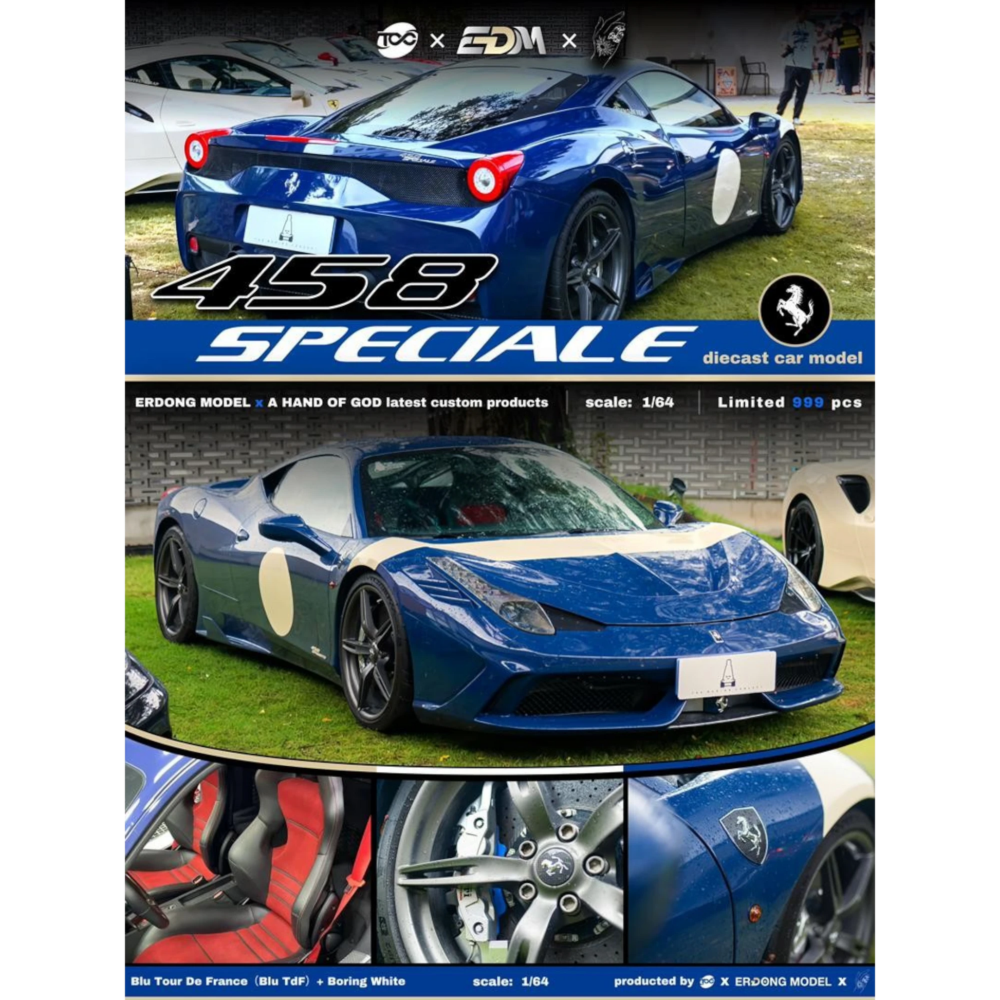 Lot57Supplies Diecast Shop 1:64 scale Ferrari 458 Speciale diecast model in Blu Tour de France with white racing livery