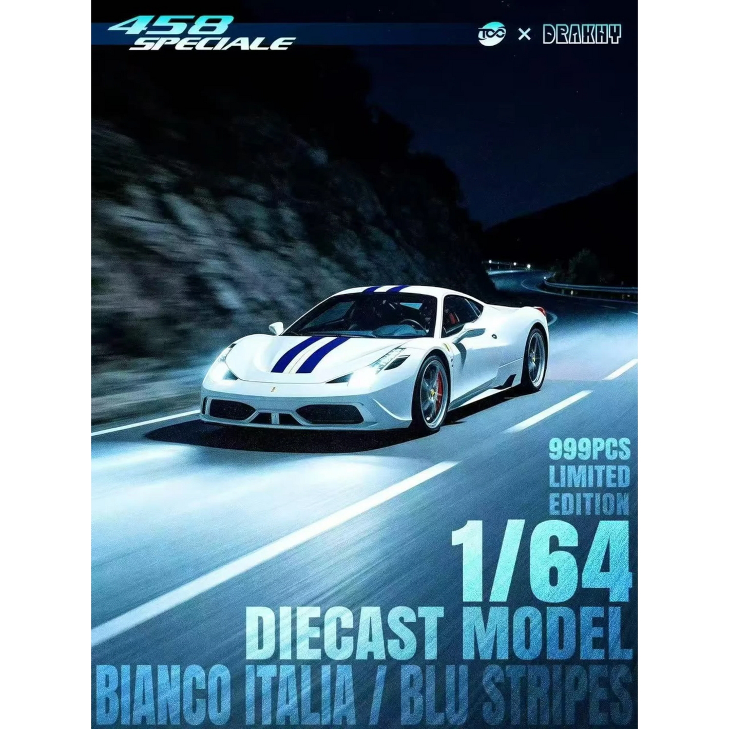 Lot57Supplies Diecast Shop 1:64 scale TOC x Drakhy Ferrari 458 Speciale in Bianco Italia with blue racing stripes.