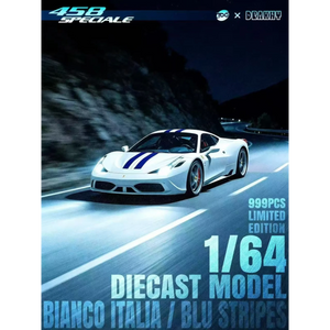 Lot57Supplies Diecast Shop 1:64 scale TOC x Drakhy Ferrari 458 Speciale in Bianco Italia with blue racing stripes.