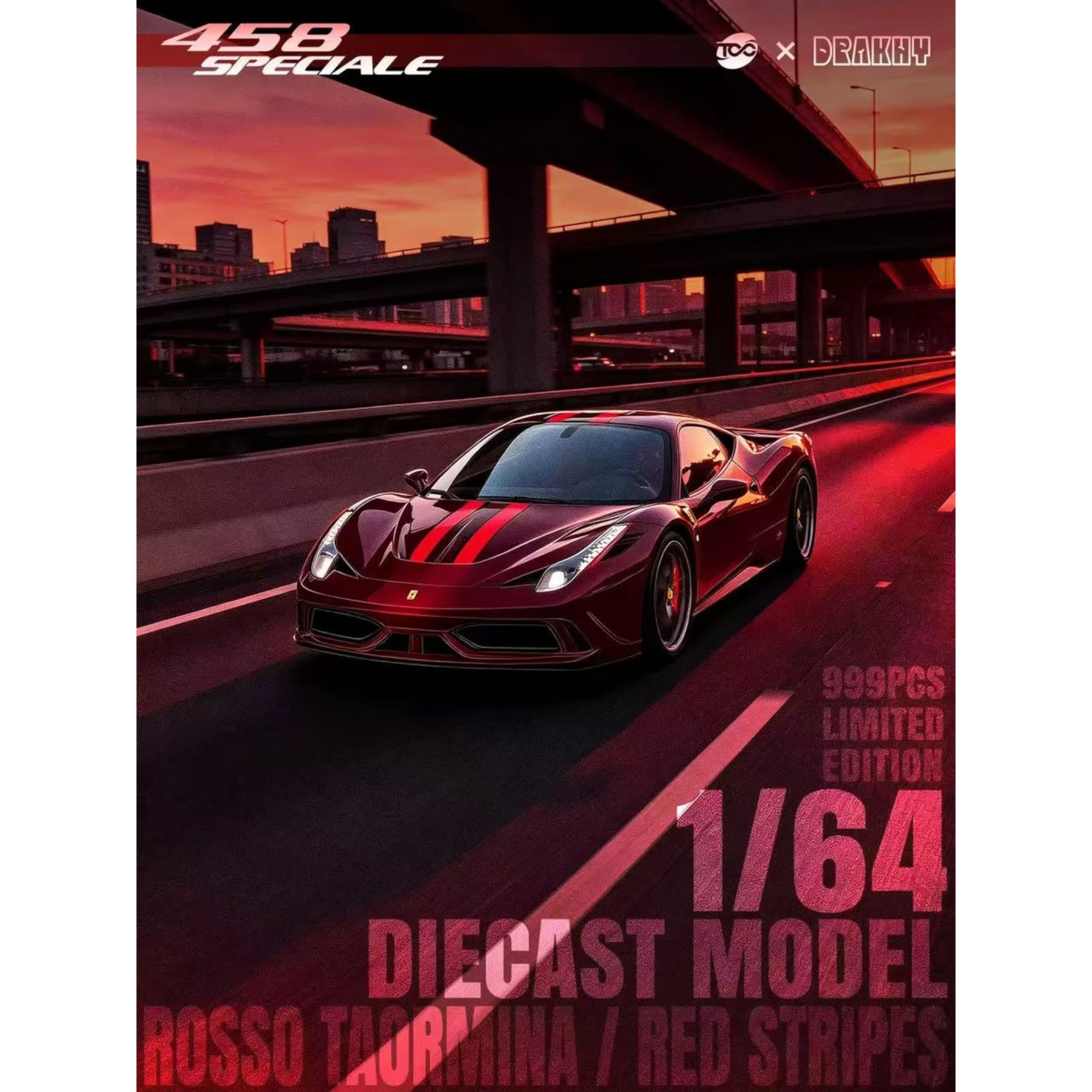 Lot57Supplies Diecast Shop 1:64 scale TOC x Drakhy Ferrari 458 Speciale in Rosso Taormina with red racing stripes