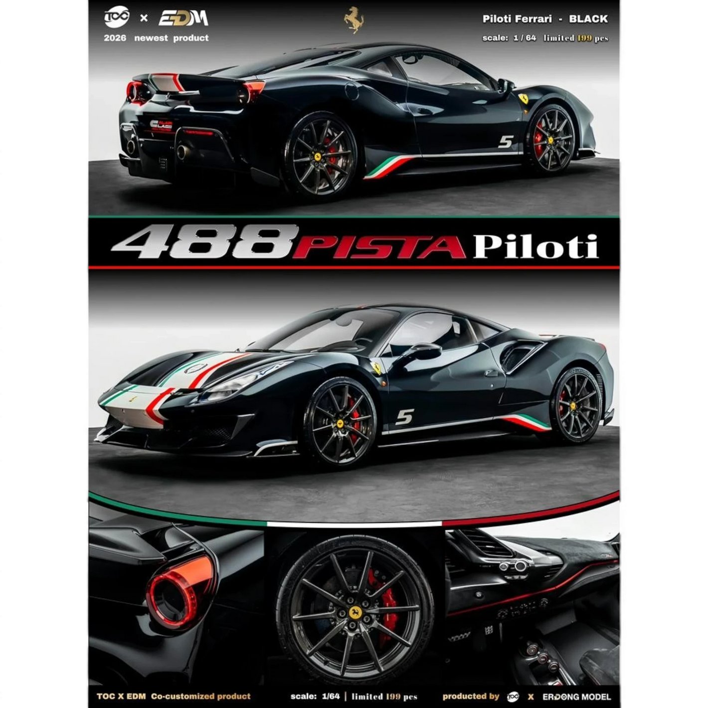 Lot57Supplies Diecast Shop TOC × EDM Ferrari 488 Pista Piloti 1:64 scale resin model car in piano black with racing livery
