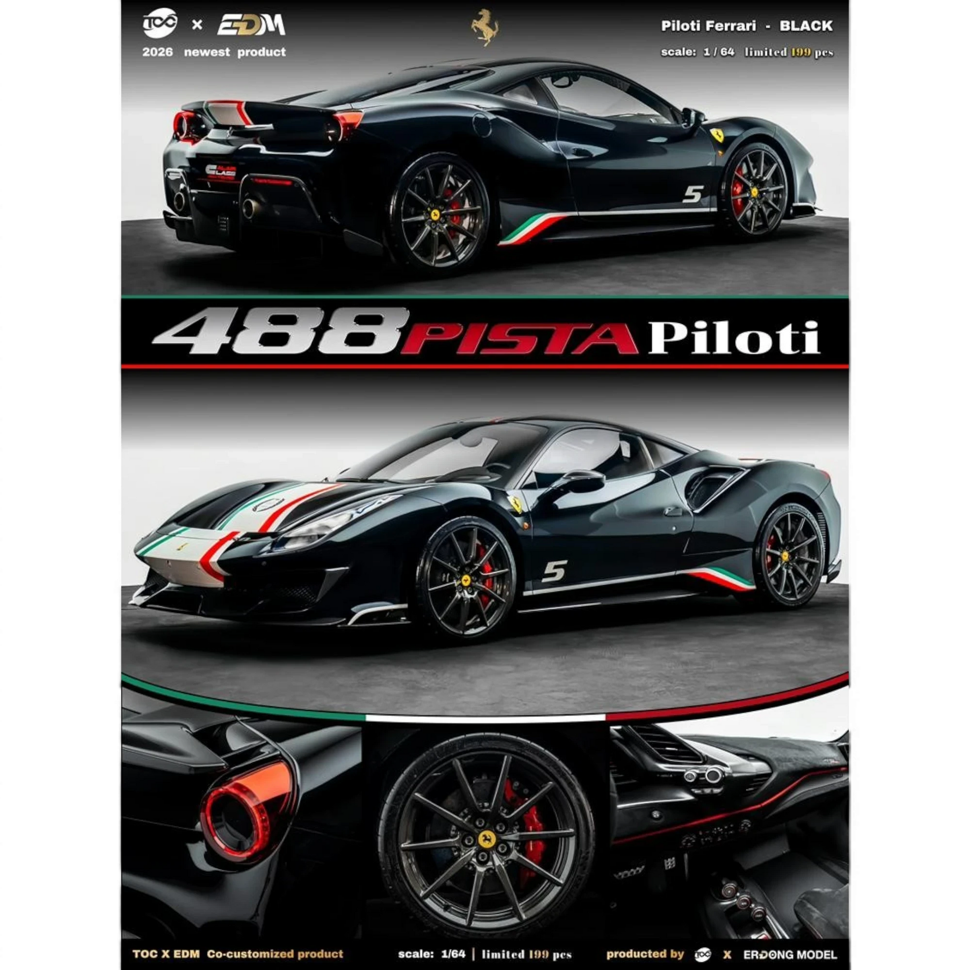 Lot57Supplies Diecast Shop TOC × EDM Ferrari 488 Pista Piloti 1:64 scale resin model car in piano black with racing livery