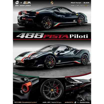 Lot57Supplies Diecast Shop TOC × EDM Ferrari 488 Pista Piloti 1:64 scale resin model car in piano black with racing livery