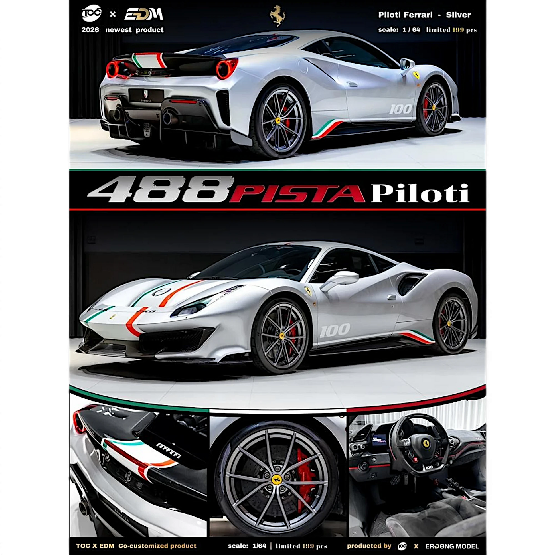 Lot57Supplies Diecast Shop TOC × EDM Ferrari 488 Pista Piloti 1:64 scale resin model car in Nürburgring Silver