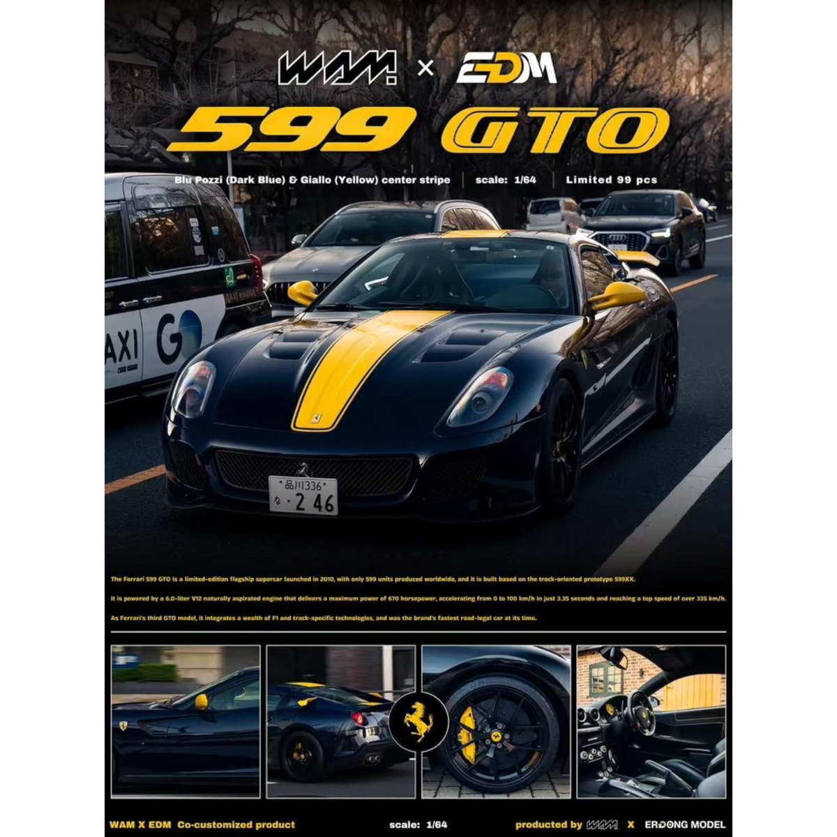 Lot57Supplies Diecast Shop WAM x EDM 1:64 scale resin Ferrari 599 GTO in dark blue with a yellow racing stripe