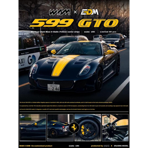 Lot57Supplies Diecast Shop WAM x EDM 1:64 scale resin Ferrari 599 GTO in dark blue with a yellow racing stripe