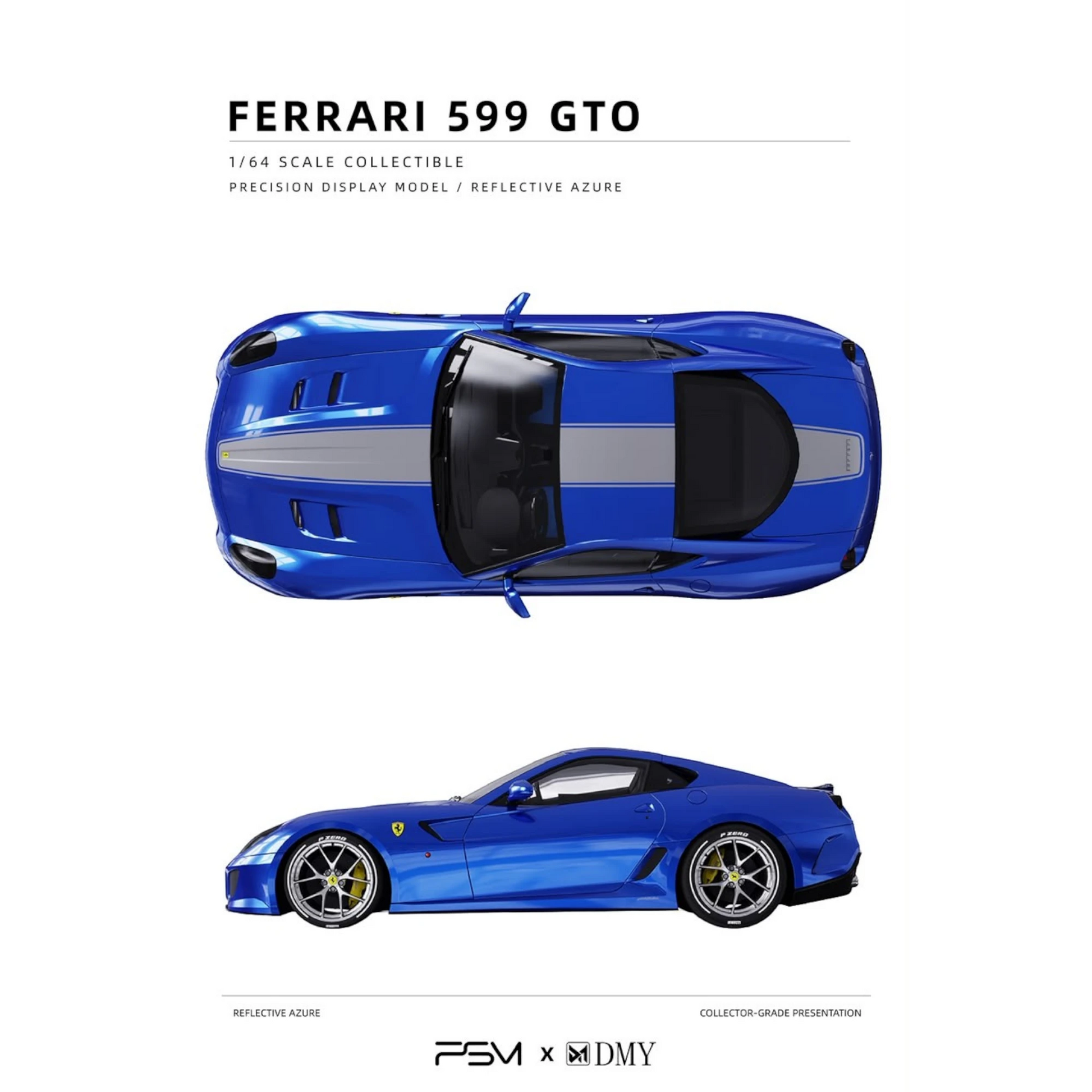 Lot57Supplies Diecast Shop 1:64 scale PSM & DMY Ferrari 599GTO diecast model car in reflective azure with grey racing stripe