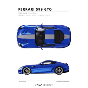Lot57Supplies Diecast Shop 1:64 scale PSM & DMY Ferrari 599GTO diecast model car in reflective azure with grey racing stripe