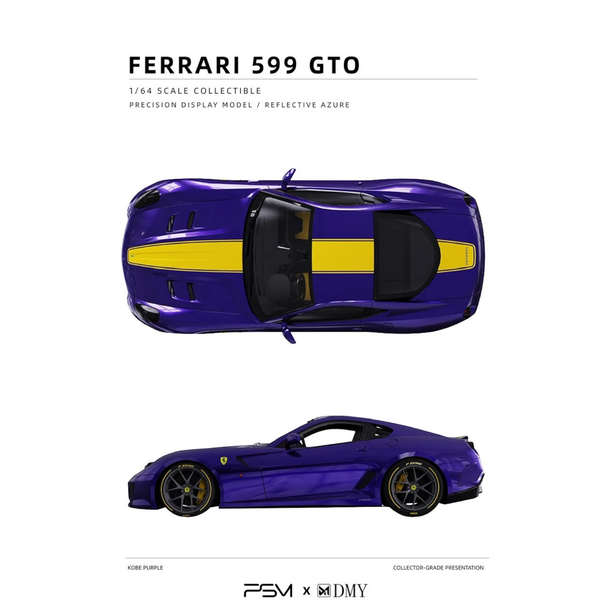 Lot57Supplies Diecast Shop 1:64 scale PSM & DMY Ferrari 599GTO diecast model car in Kobe Purple with yellow racing stripe