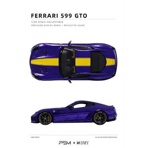 Lot57Supplies Diecast Shop 1:64 scale PSM & DMY Ferrari 599GTO diecast model car in Kobe Purple with yellow racing stripe