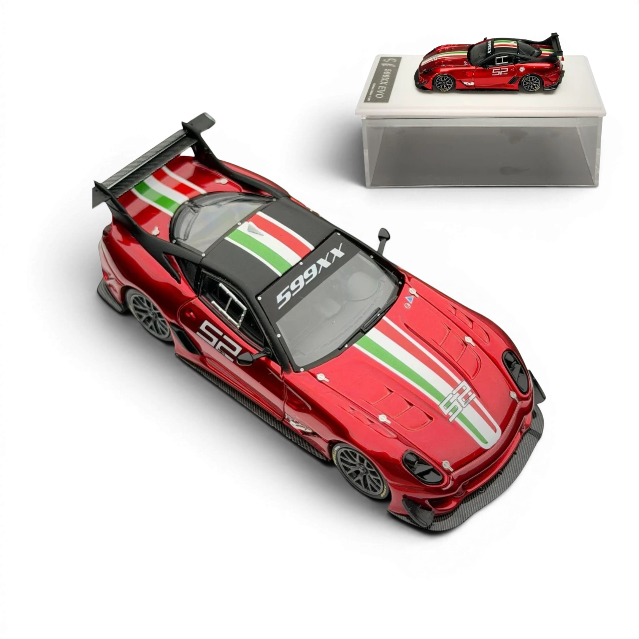 Lot57Supplies Diecast Shop metallic red Ferrari 599XX EVO 1:64 scale diecast model car with white and green racing stripes and number 52.