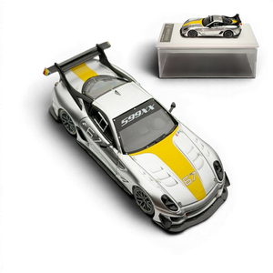 Lot57Supplies Diecast Shop metallic silver Ferrari 599XX EVO 1:64 scale model with yellow racing stripe and #67 details.