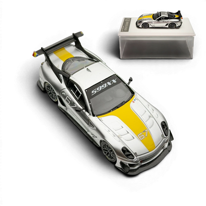 Lot57Supplies Diecast Shop metallic silver Ferrari 599XX EVO 1:64 scale model with yellow racing stripe and #67 details.