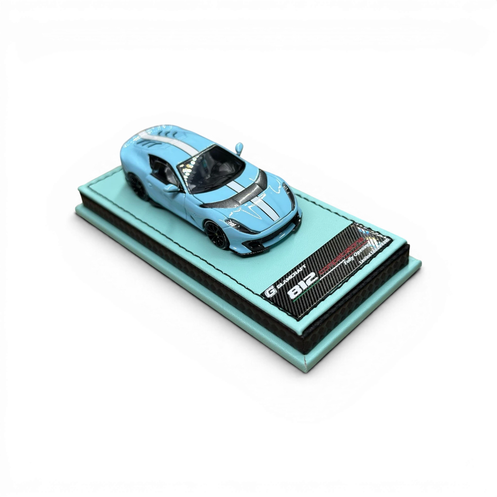 Lot57Supplies Diecast Shop GLAMCRAFT light blue Ferrari 812 Competizione 1:64 scale diecast model on display base