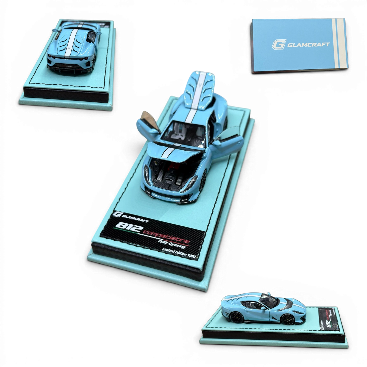 Lot57Supplies Diecast Shop GLAMCRAFT light blue Ferrari 812 Competizione 1:64 scale diecast model with opening parts
