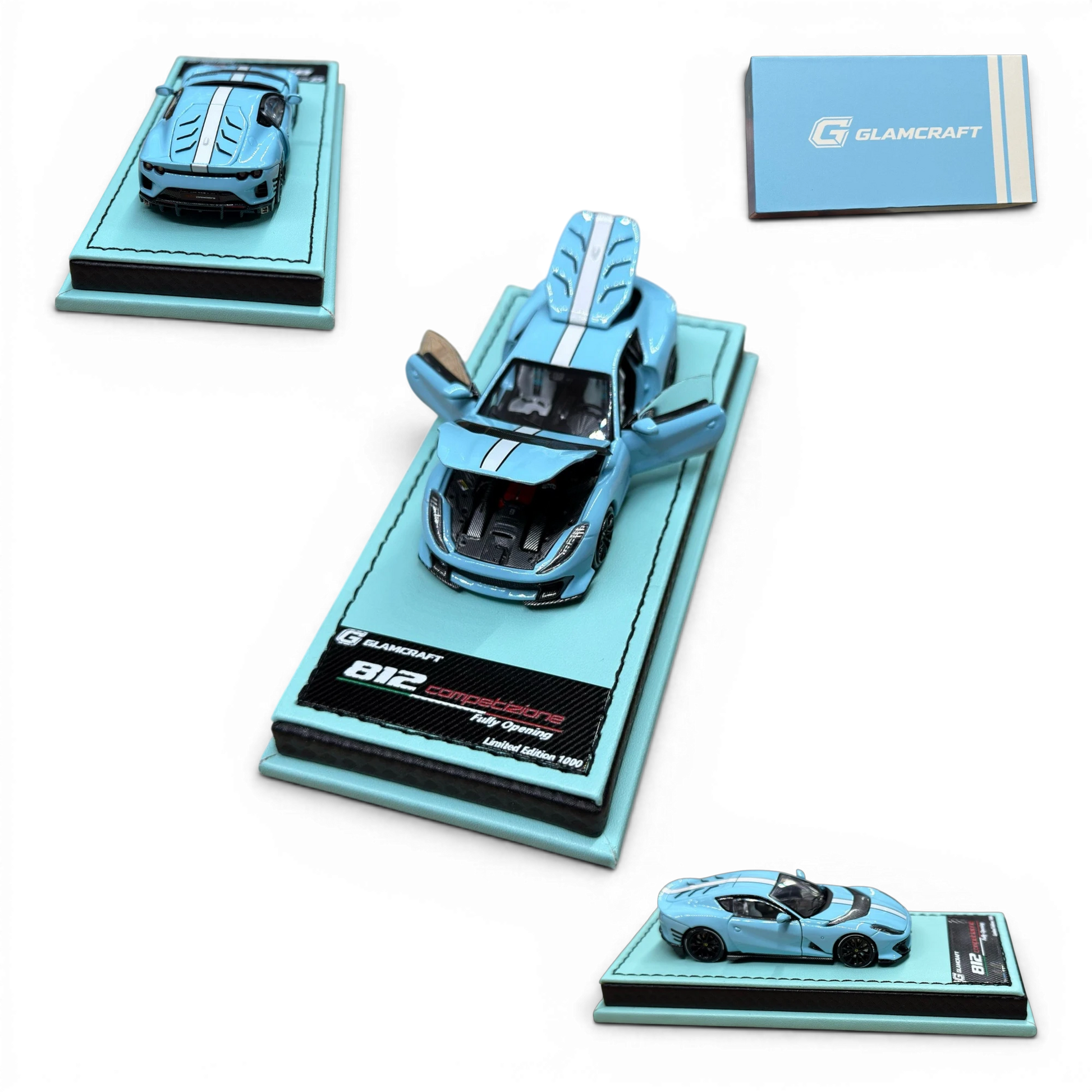 Lot57Supplies Diecast Shop GLAMCRAFT light blue Ferrari 812 Competizione 1:64 scale diecast model with opening parts