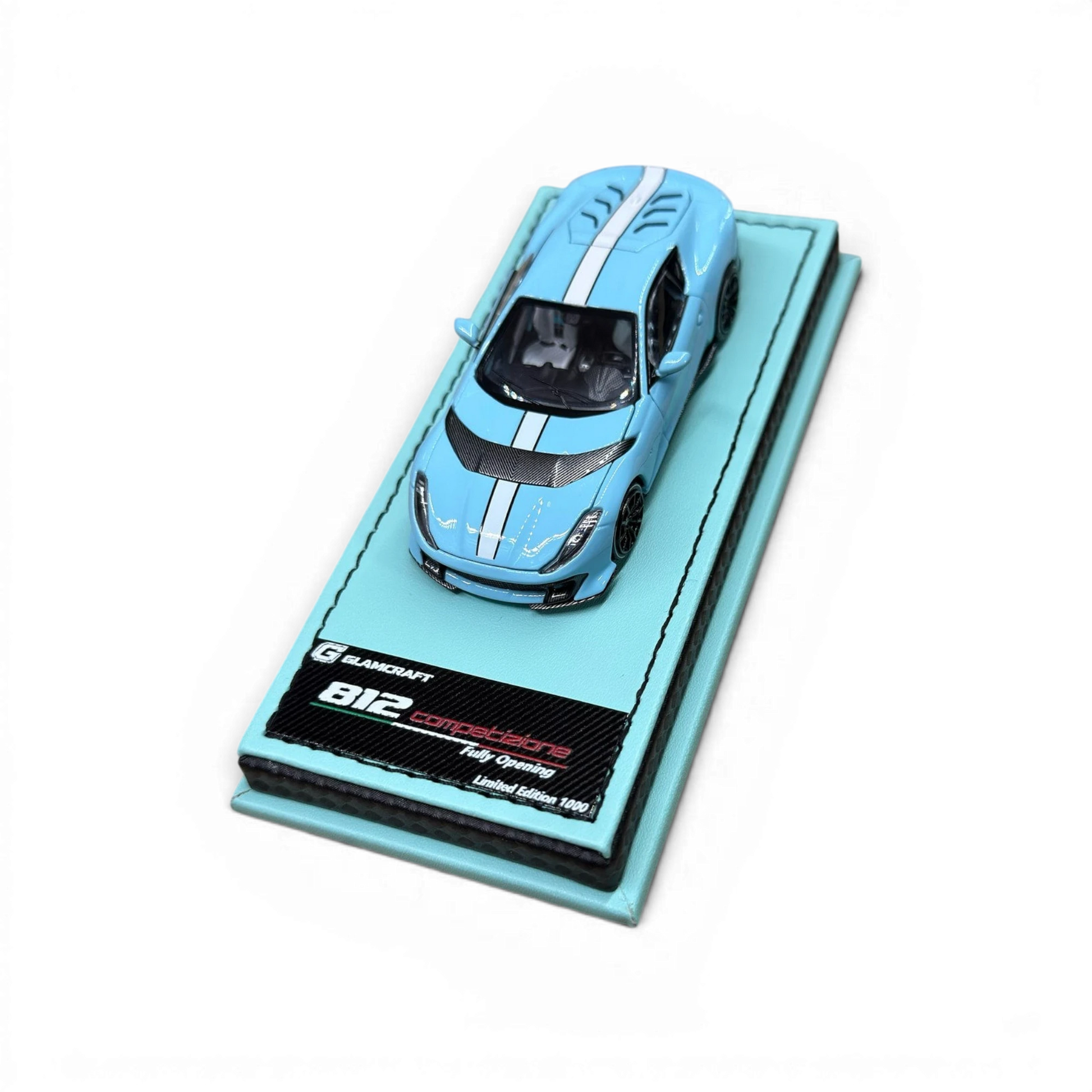 Lot57Supplies Diecast Shop GLAMCRAFT light blue Ferrari 812 Competizione 1:64 scale diecast model with white stripes