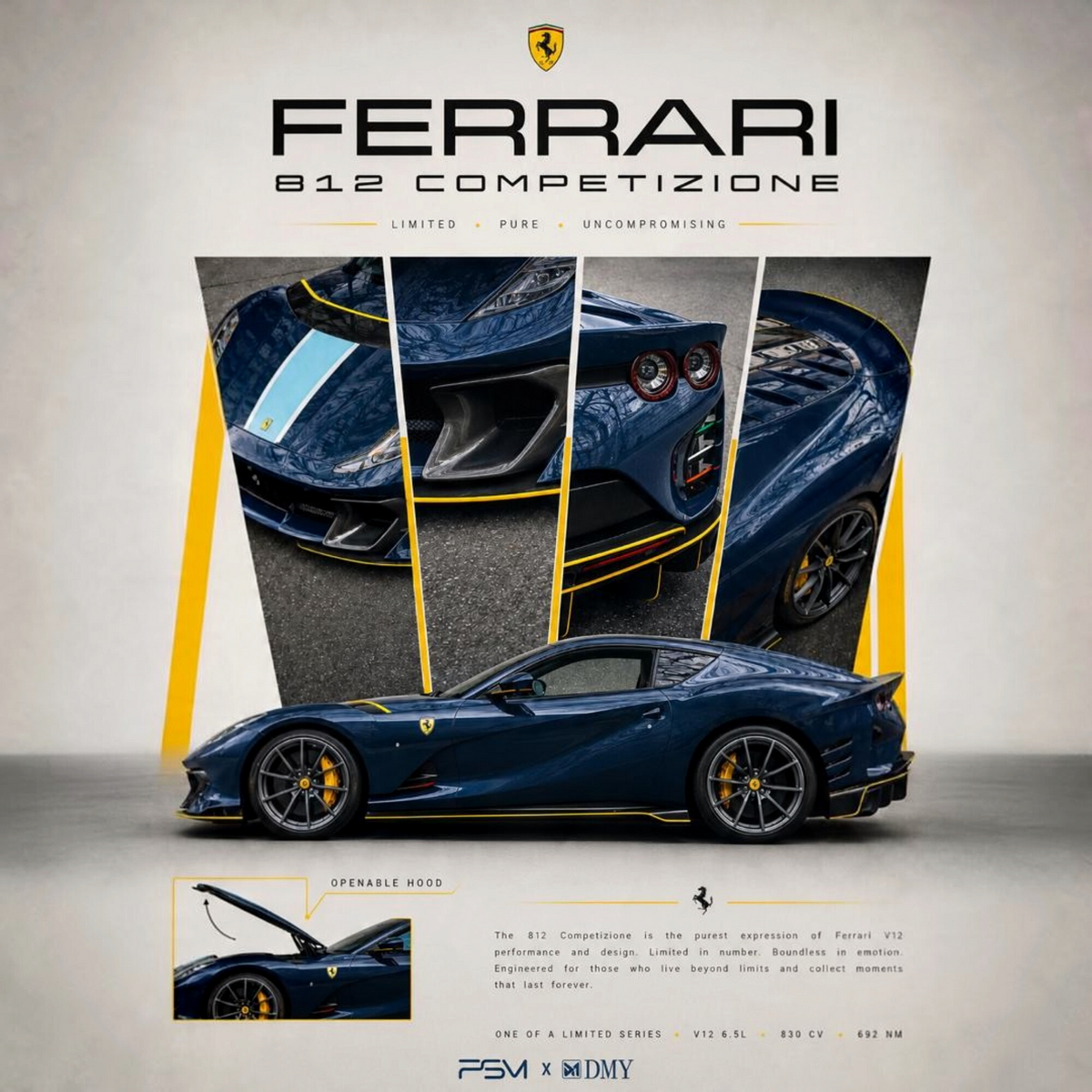 Lot57Supplies Diecast Shop PSM x DMY Ferrari 812C diecast model in Pozzi Blue with Sky Blue livery and opening hood.