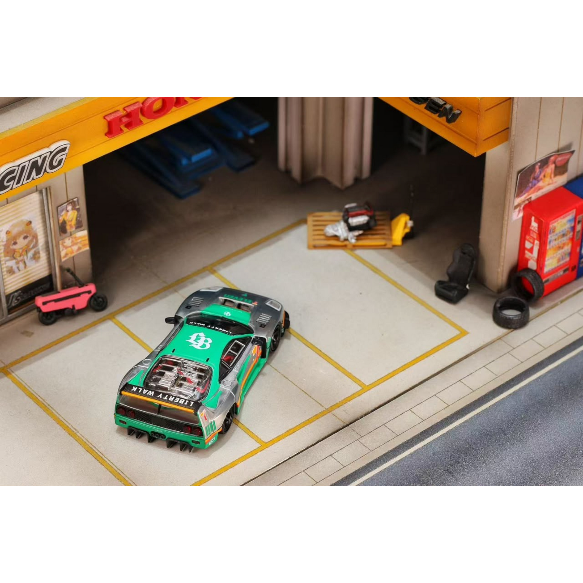 Lot57Supplies Diecast Shop GHOST PLAYER Ferrari F40 1:64 scale diecast model in 7-Eleven livery parked in a garage diorama