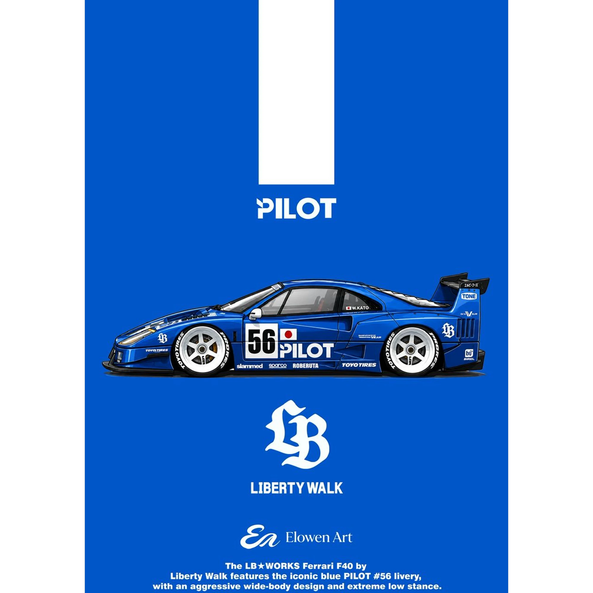 Lot57Supplies Diecast Shop Elowen Art 1:64 scale Ferrari F40 LBWK diecast model in blue PILOT racing livery