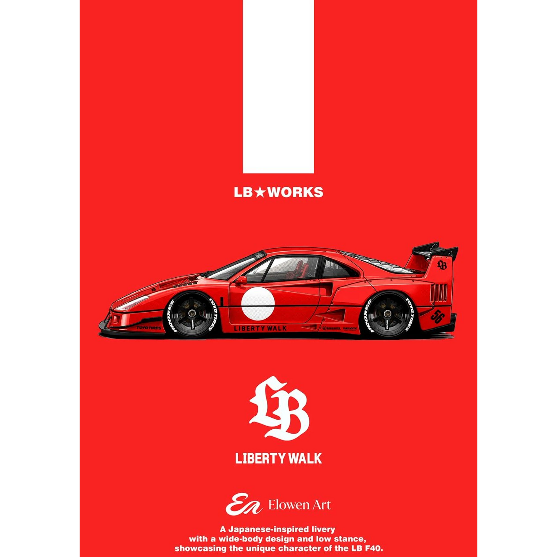 Lot57Supplies Diecast Shop Elowen Art 1:64 scale Ferrari F40 LBWK diecast car with Japan Rising Sun livery