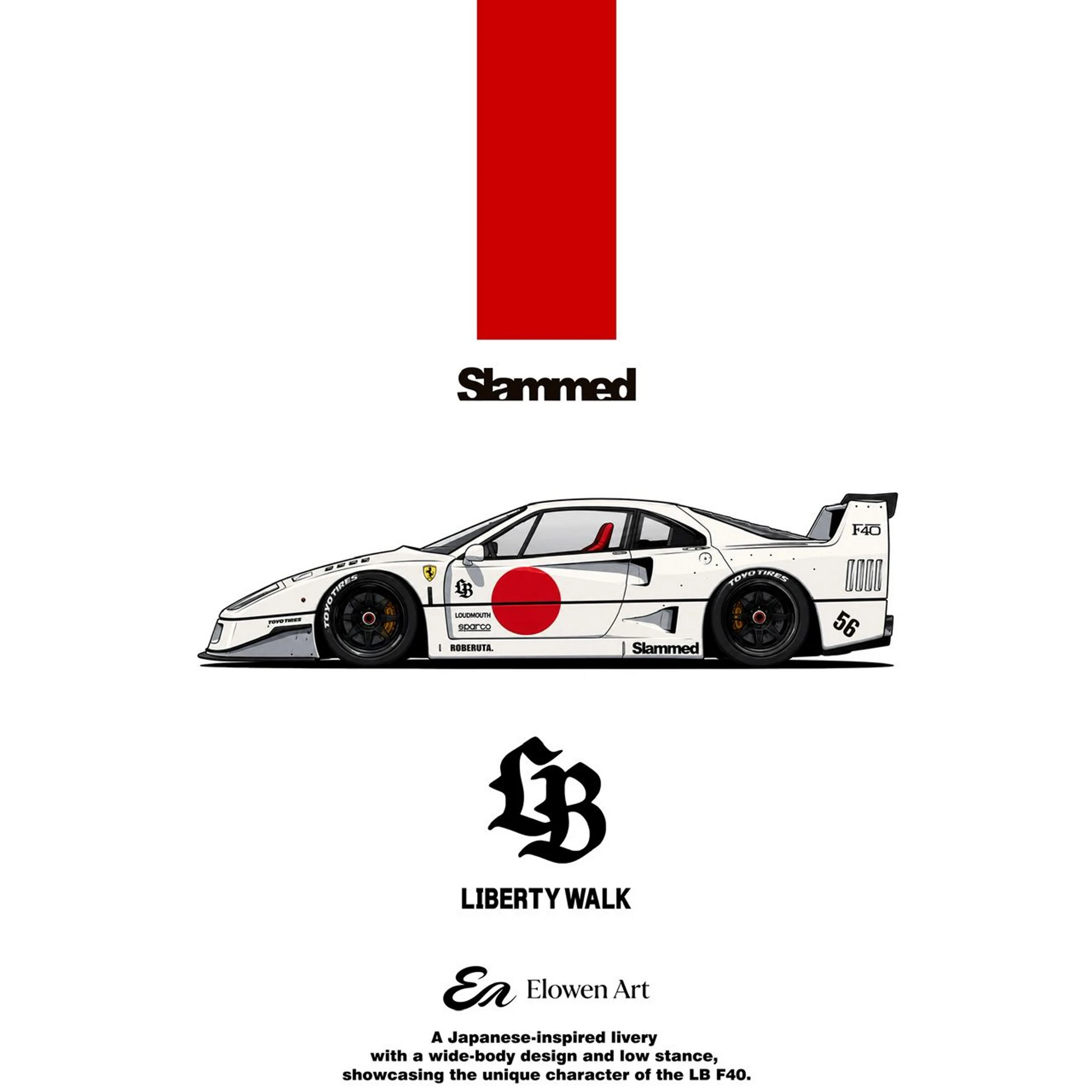 Lot57Supplies Diecast Shop Elowen Art Ferrari F40 LBWK diecast model in white with Rising Sun livery and wide-body kit.