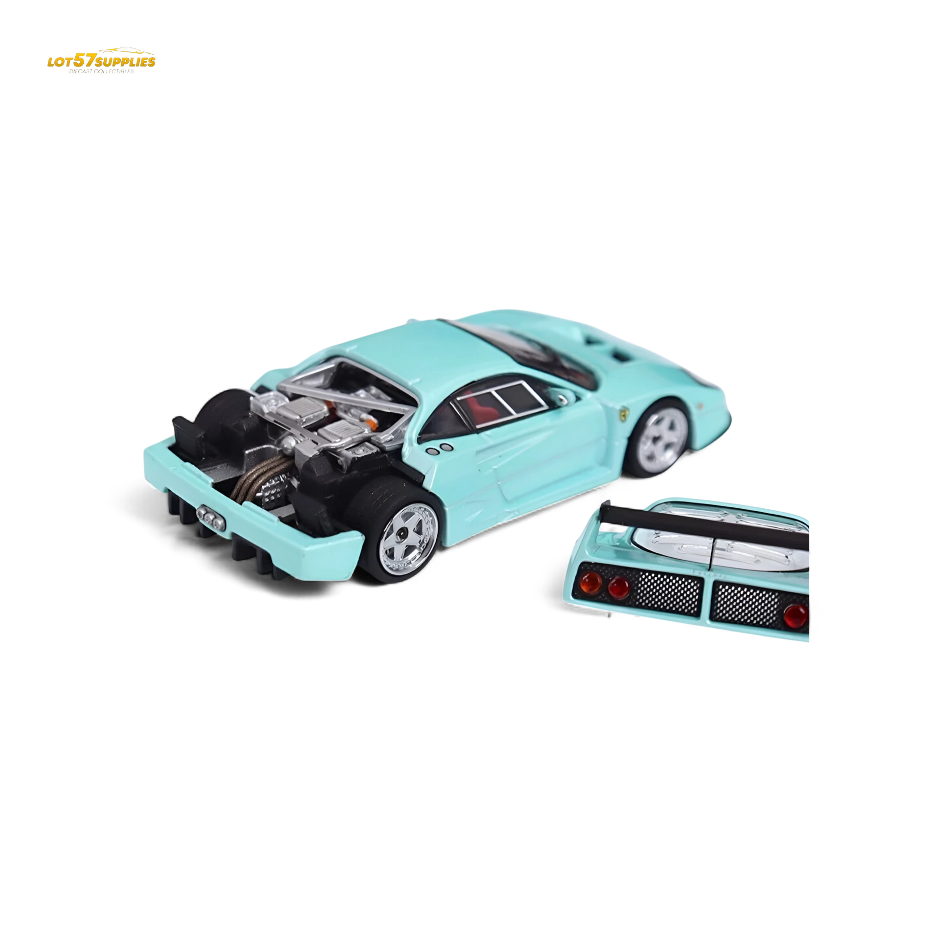 Lot57Supplies Diecast Shop Stance Hunters Ferrari F40 LM 1:64 scale diecast car in light aqua green with removable cover