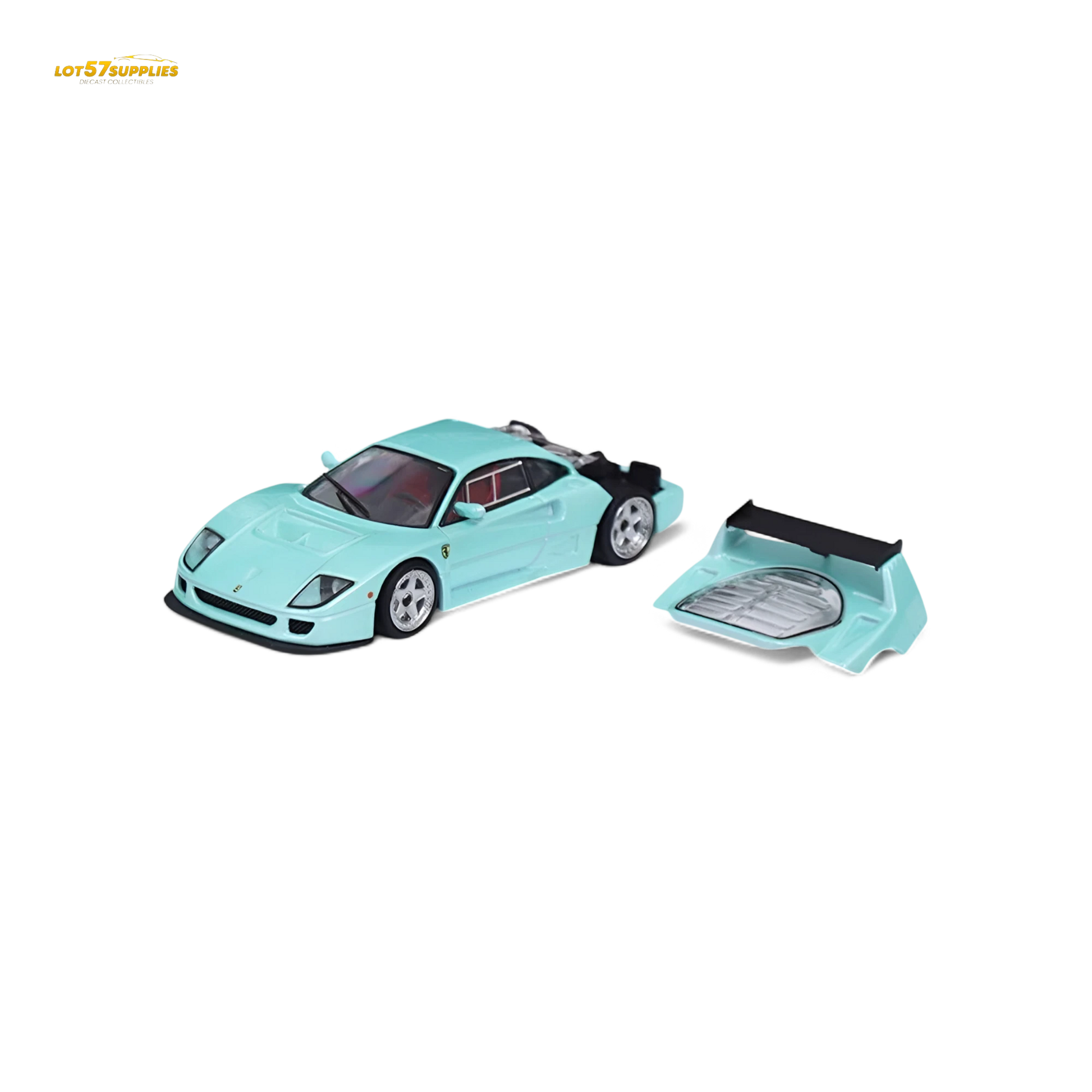 Lot57Supplies Diecast Shop Stance Hunters Ferrari F40 LM 1:64 scale diecast model in light aqua green with engine detail