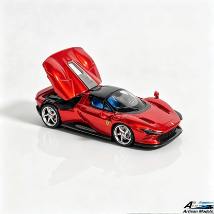 Lot57Supplies Diecast Shop Artisan Models 1:64 scale metallic red Ferrari SP3 diecast car with open engine cover