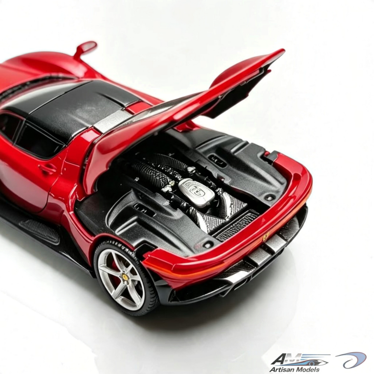 Lot57Supplies Diecast Shop Artisan Models 1:64 scale metallic red Ferrari SP3 diecast car with open engine bay