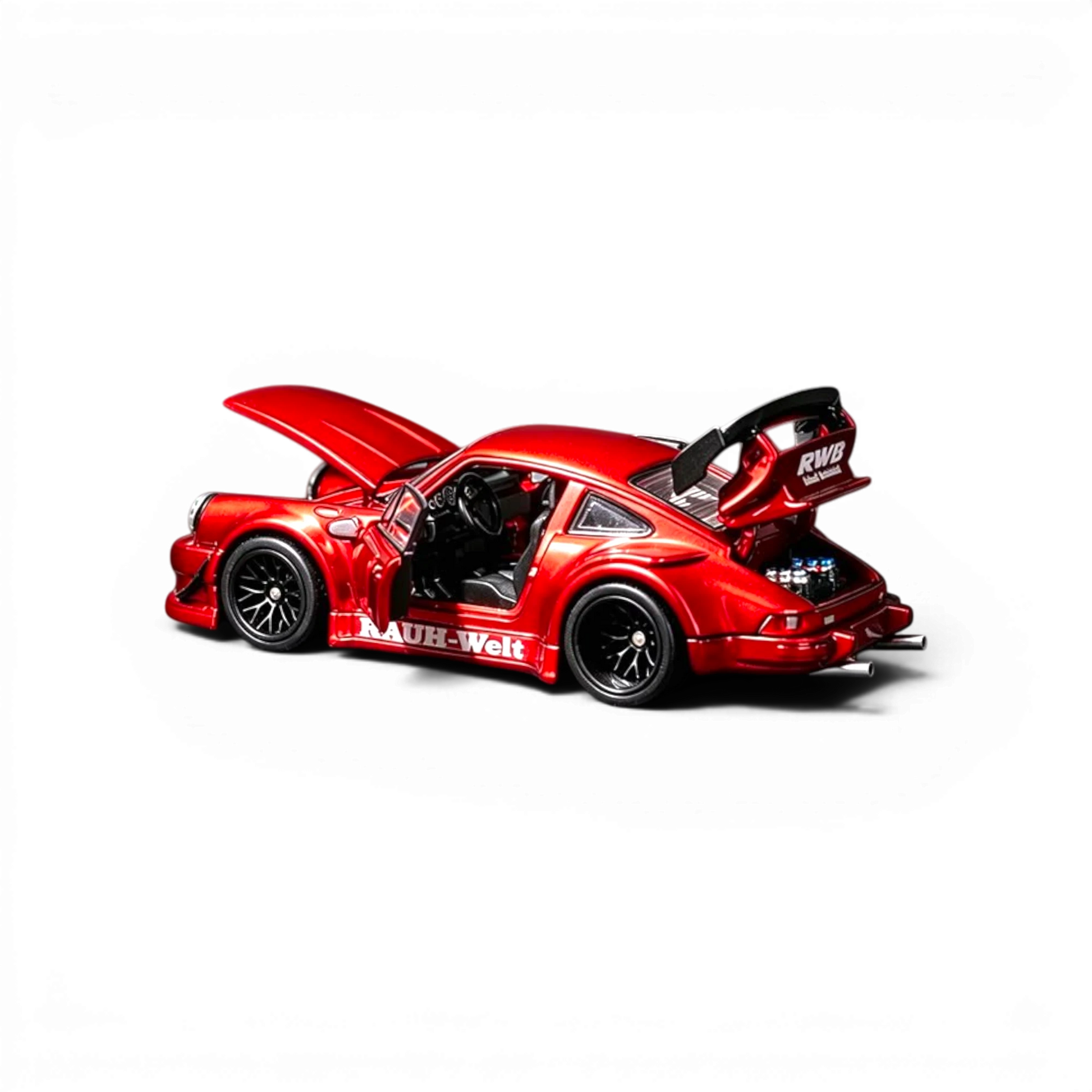 Lot57Supplies Diecast Shop FG RWB 930 diecast model car in transparent red with openable doors, hood, and engine bay.