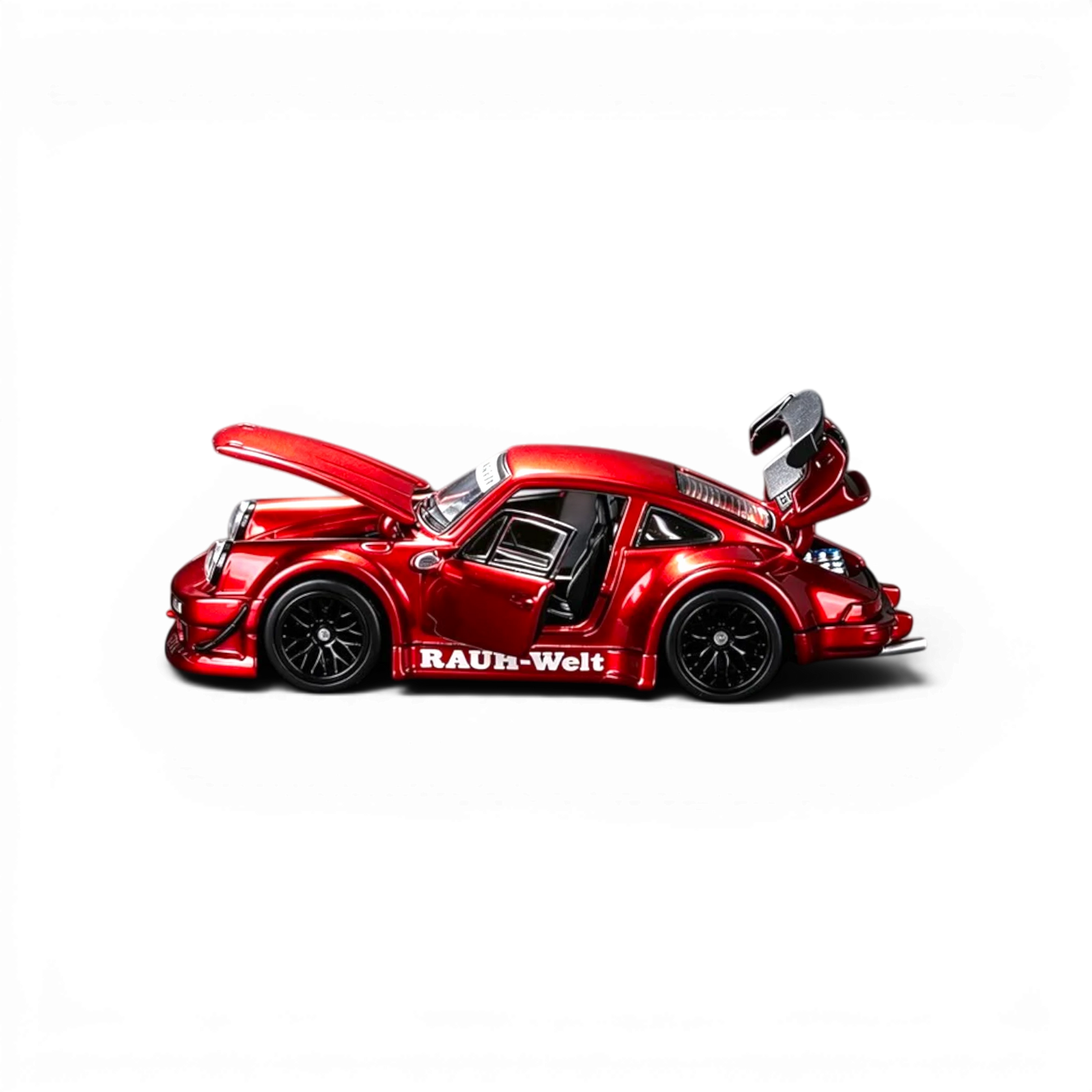 Lot57Supplies Diecast Shop FG RWB 930 1:64 scale diecast car in transparent red with openable doors, hood, and trunk.