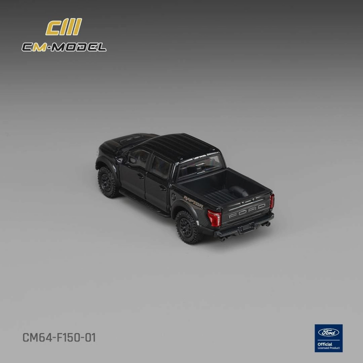 Lot57Supplies Diecast Shop CM Model 1:64 scale diecast Ford F-150 Raptor in Agate Black Metallic, rear angle view.