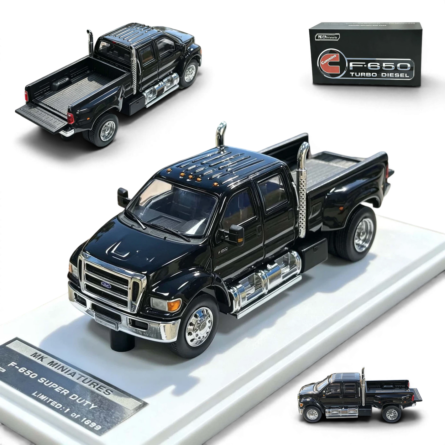 Lot57Supplies Diecast Shop MK Miniatures 1:64 scale Ford F650 Super Duty diecast truck in Agate Black with open tailgate