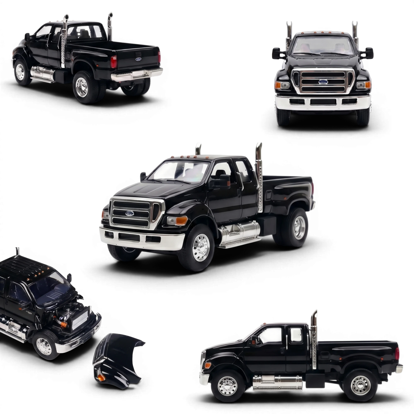 MK Miniatures 1:64 scale diecast Ford F650 Super Duty in Agate Black from Lot57Supplies Diecast Shop with opening hood.