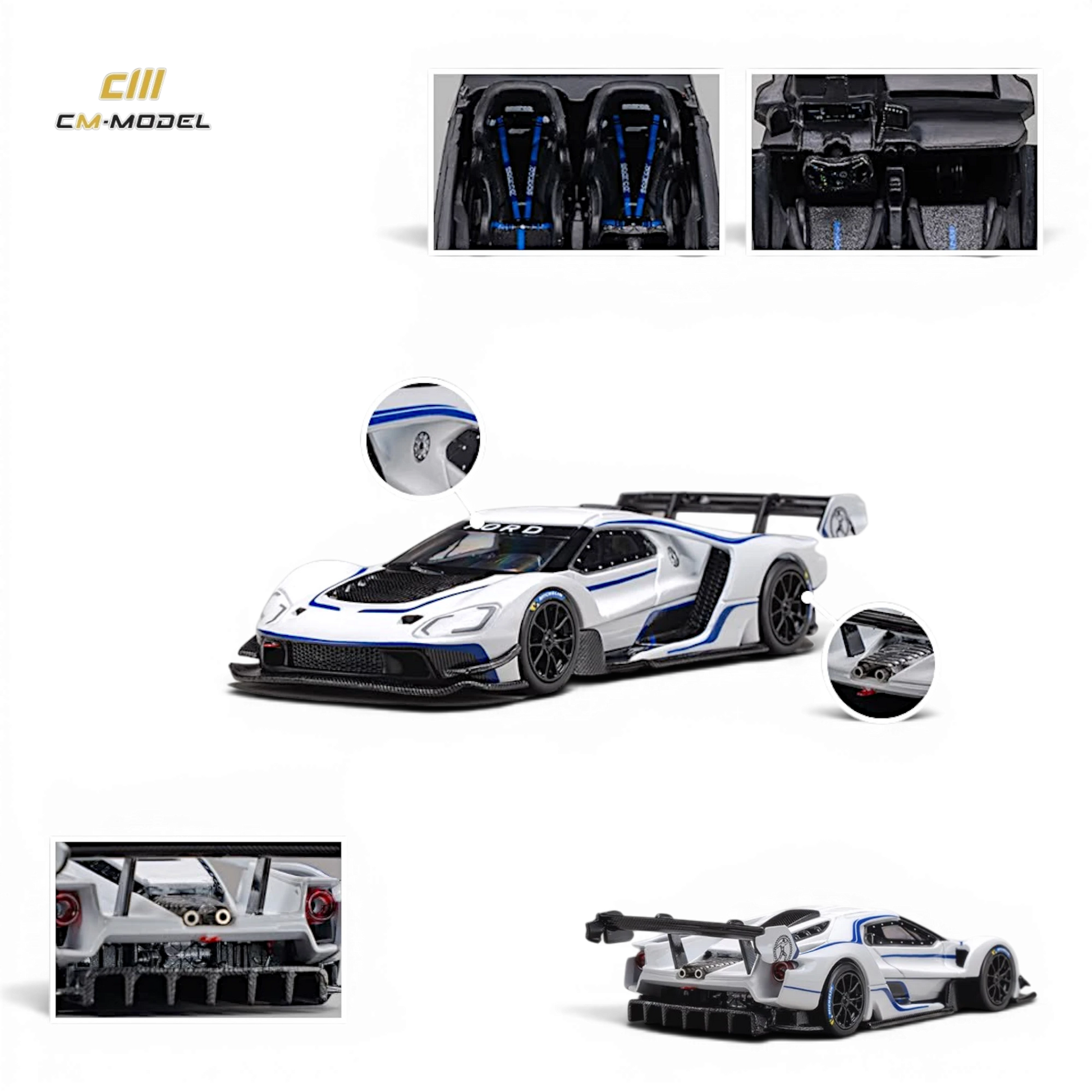 Lot57Supplies Diecast Shop 1:64 scale CM Model Ford GT Mk IV in Frozen White and SonicBlue Pearl J-1 prototype livery