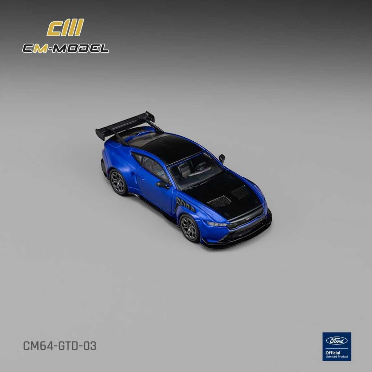 Lot57Supplies Diecast Shop CM Model 1:64 scale Ford GTD in lightning blue with a vivid black hood and rear wing