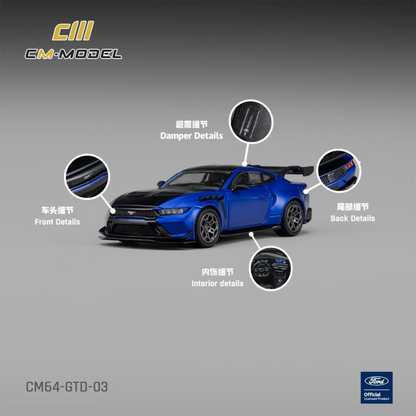 Lot57Supplies Diecast Shop 1:64 scale CM Model Ford GTD in lightning blue with a vivid black hood and interior details