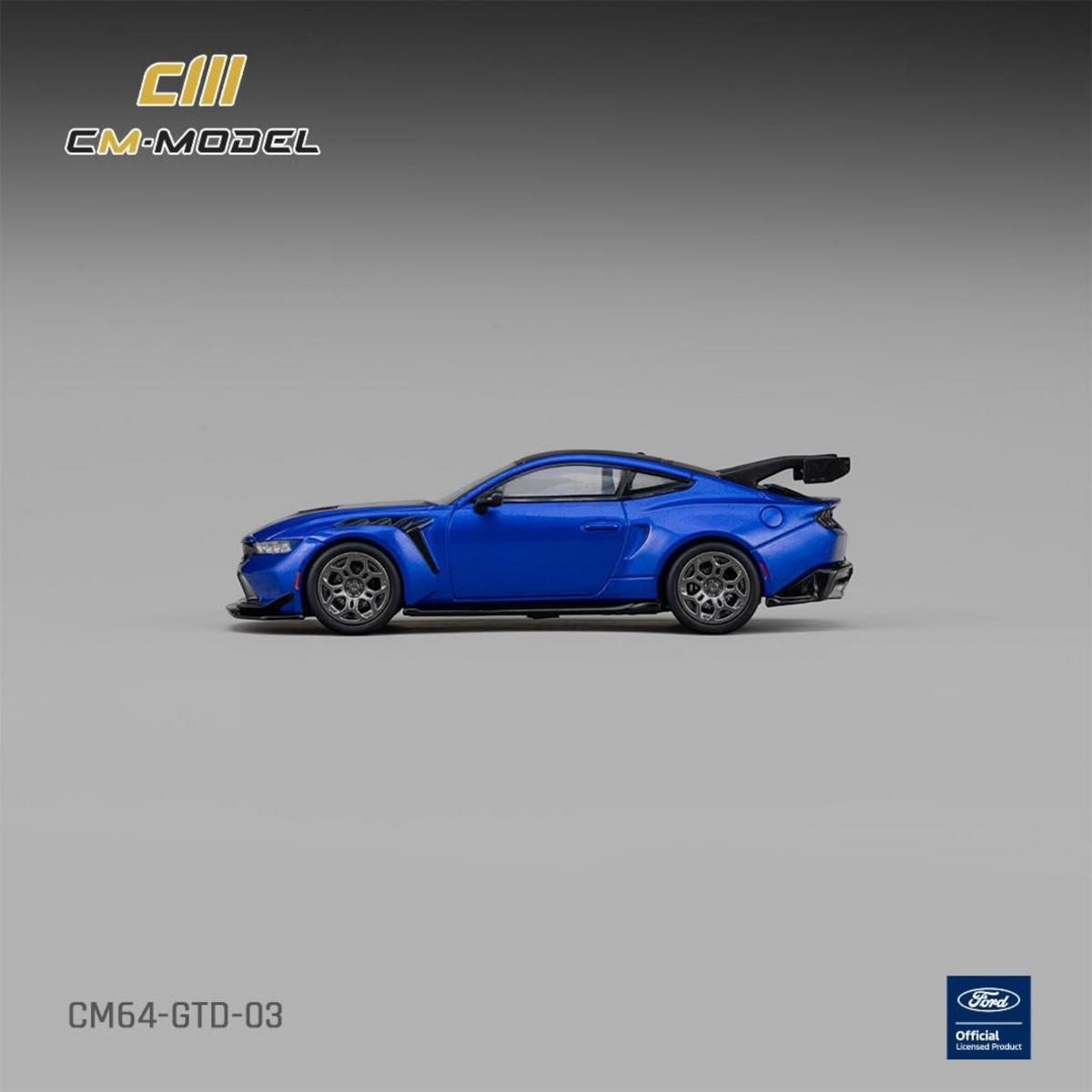 Lot57Supplies Diecast Shop 1:64 scale CM Model Ford GTD in lightning blue with a vivid black hood, side profile view.
