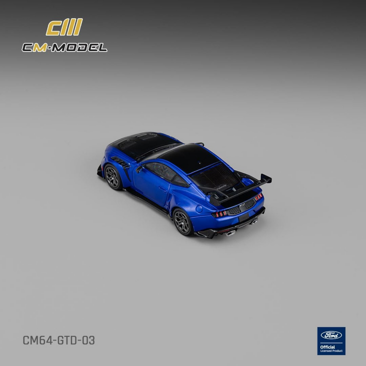 Lot57Supplies Diecast Shop 1:64 scale CM Model Ford GTD in lightning blue with a vivid black hood, rear angle view.