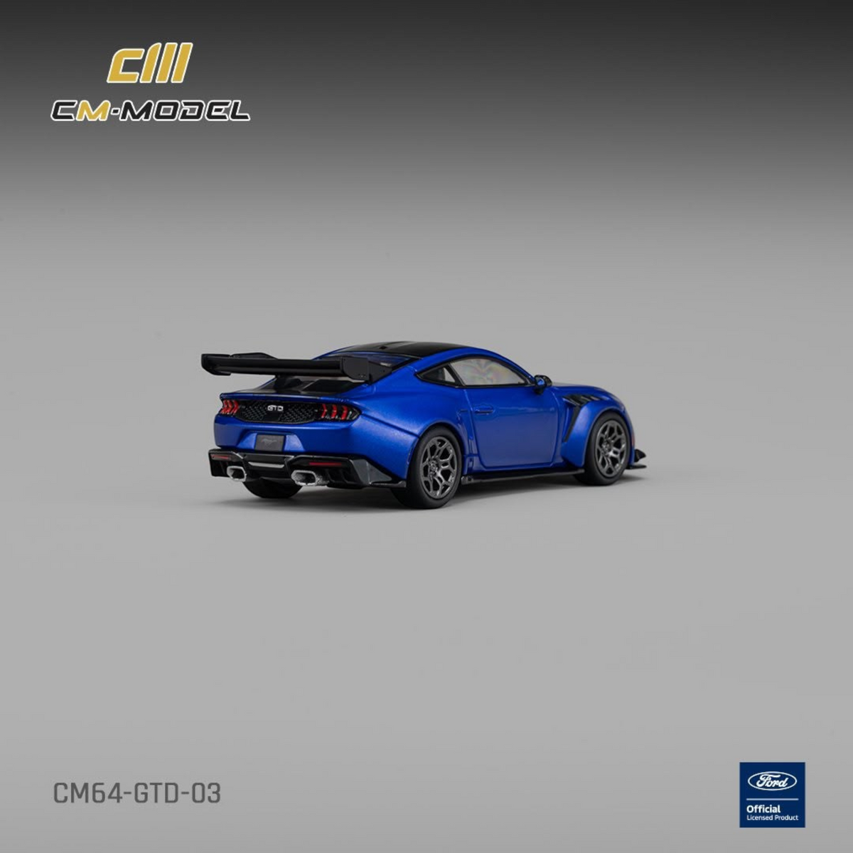 Lot57Supplies Diecast Shop 1:64 scale CM Model Ford GTD in lightning blue with a vivid black hood and rear spoiler