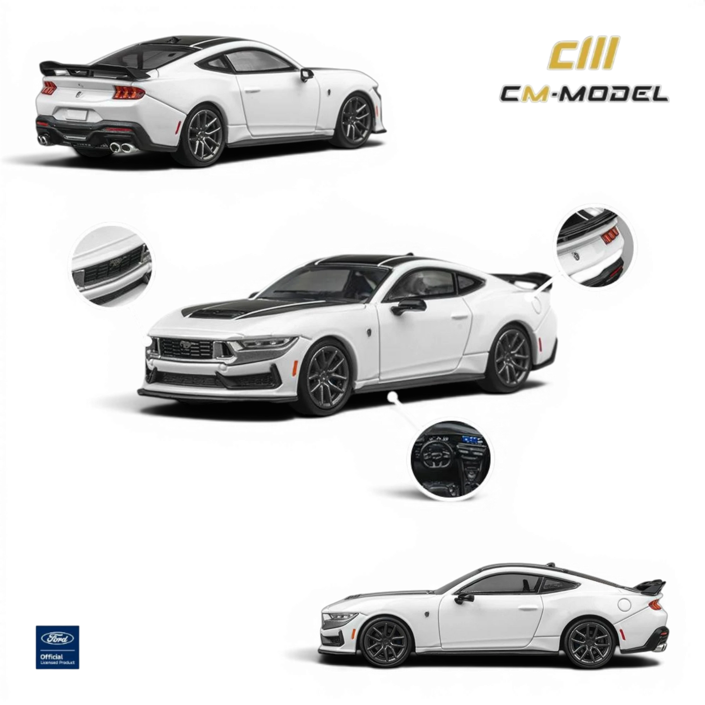Lot57Supplies Diecast Shop 1:64 Oxford White Ford Mustang Dark Horse alloy model car with black accents and spoiler.