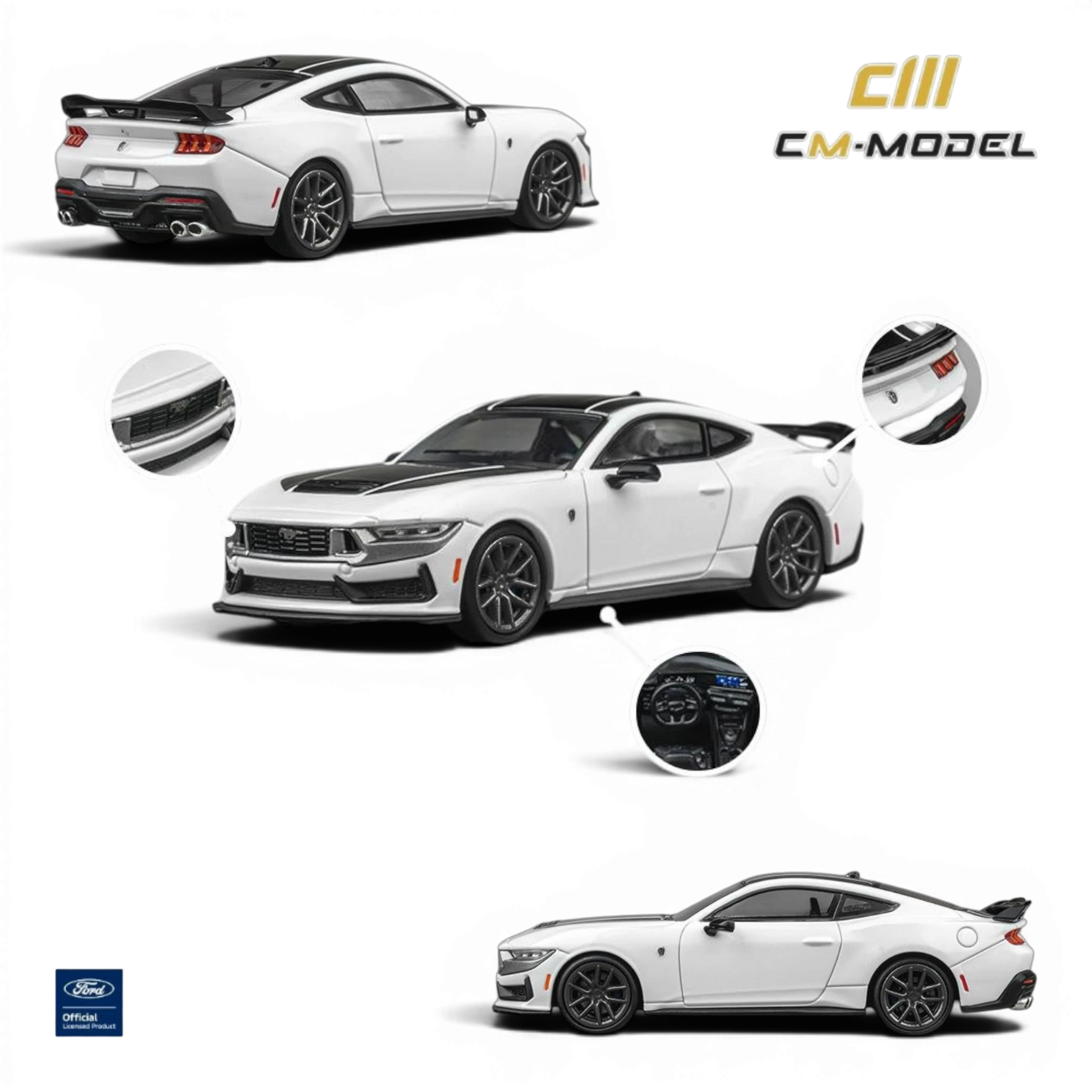 Lot57Supplies Diecast Shop 1:64 Oxford White Ford Mustang Dark Horse alloy model car with black accents and spoiler.
