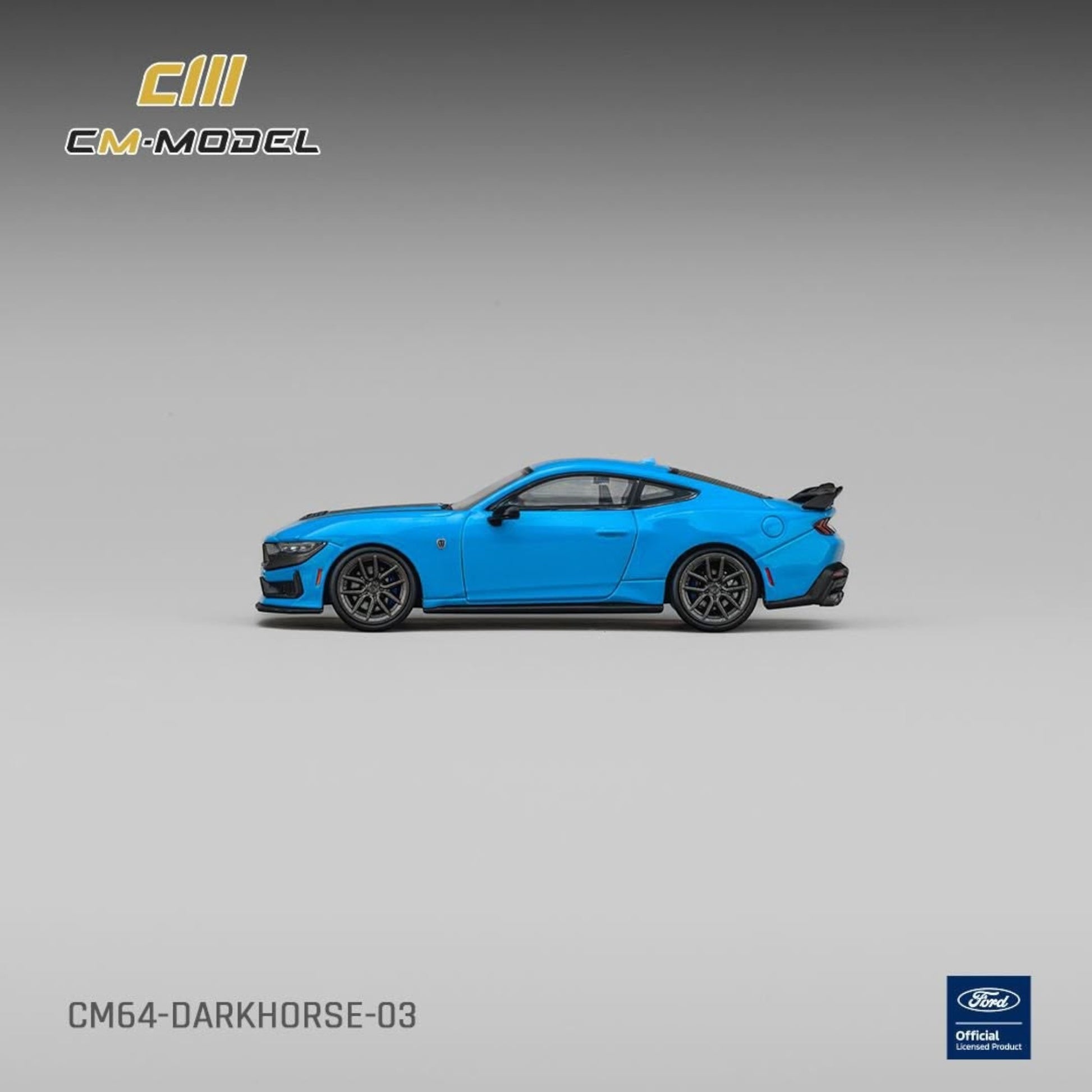 Lot57Supplies Diecast Shop 1:64 scale CM Model Ford Mustang Dark Horse in Grabber Blue with black hood stripe