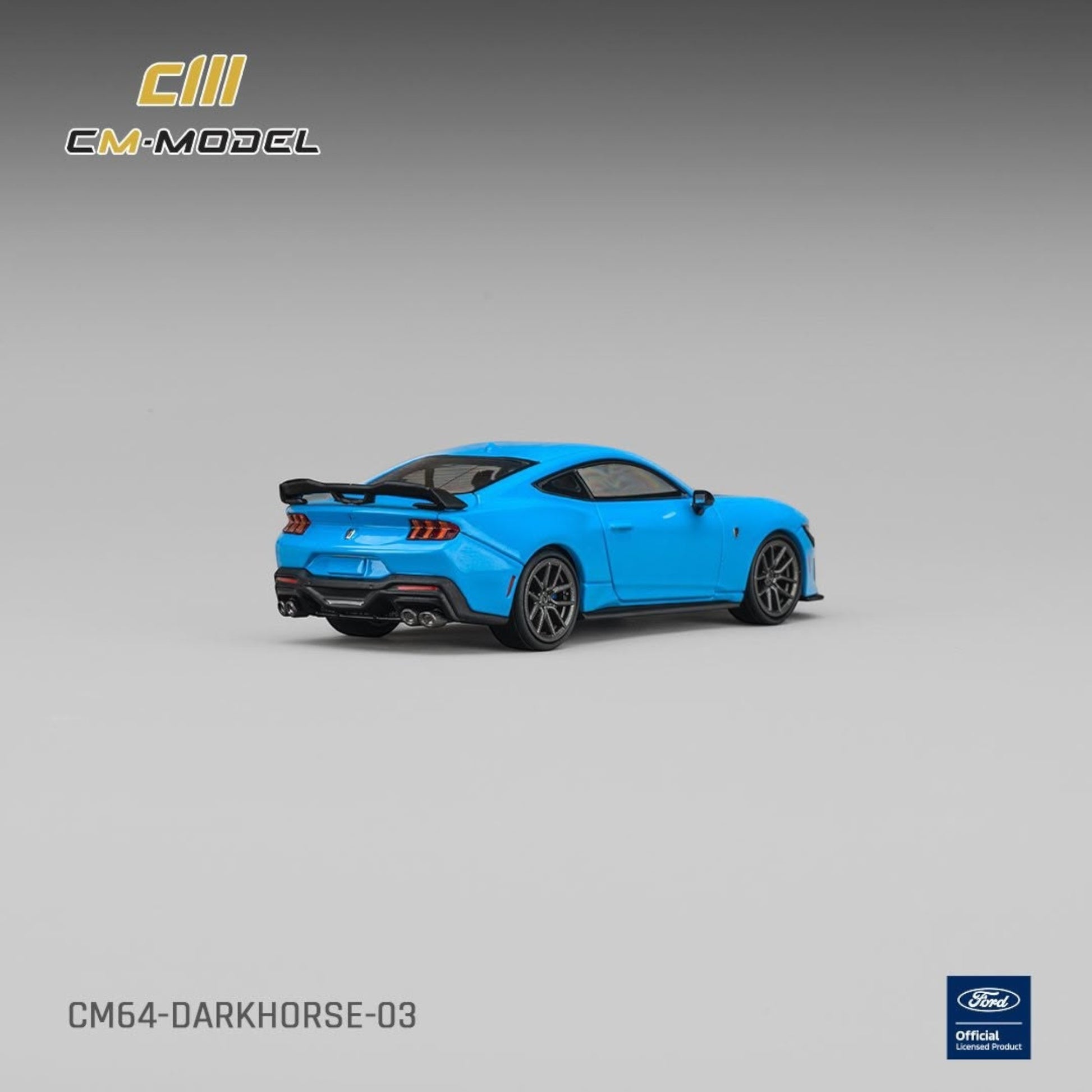 Lot57Supplies Diecast Shop 1:64 scale CM Model Ford Mustang Dark Horse in Grabber Blue with black rear spoiler