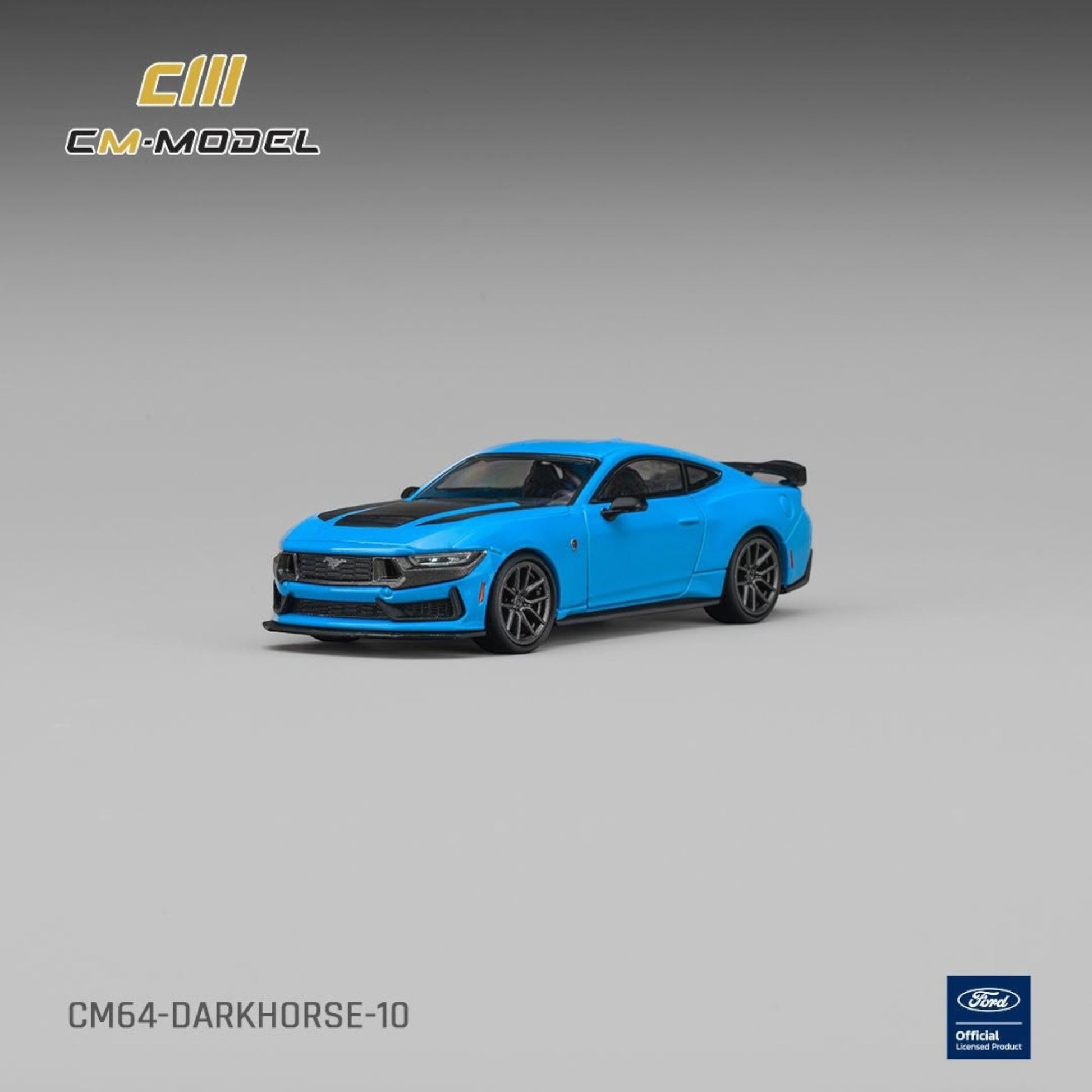 Lot57Supplies Diecast Shop CM Model 1:64 scale Ford Mustang Dark Horse in Grabber Blue with black hood stripe