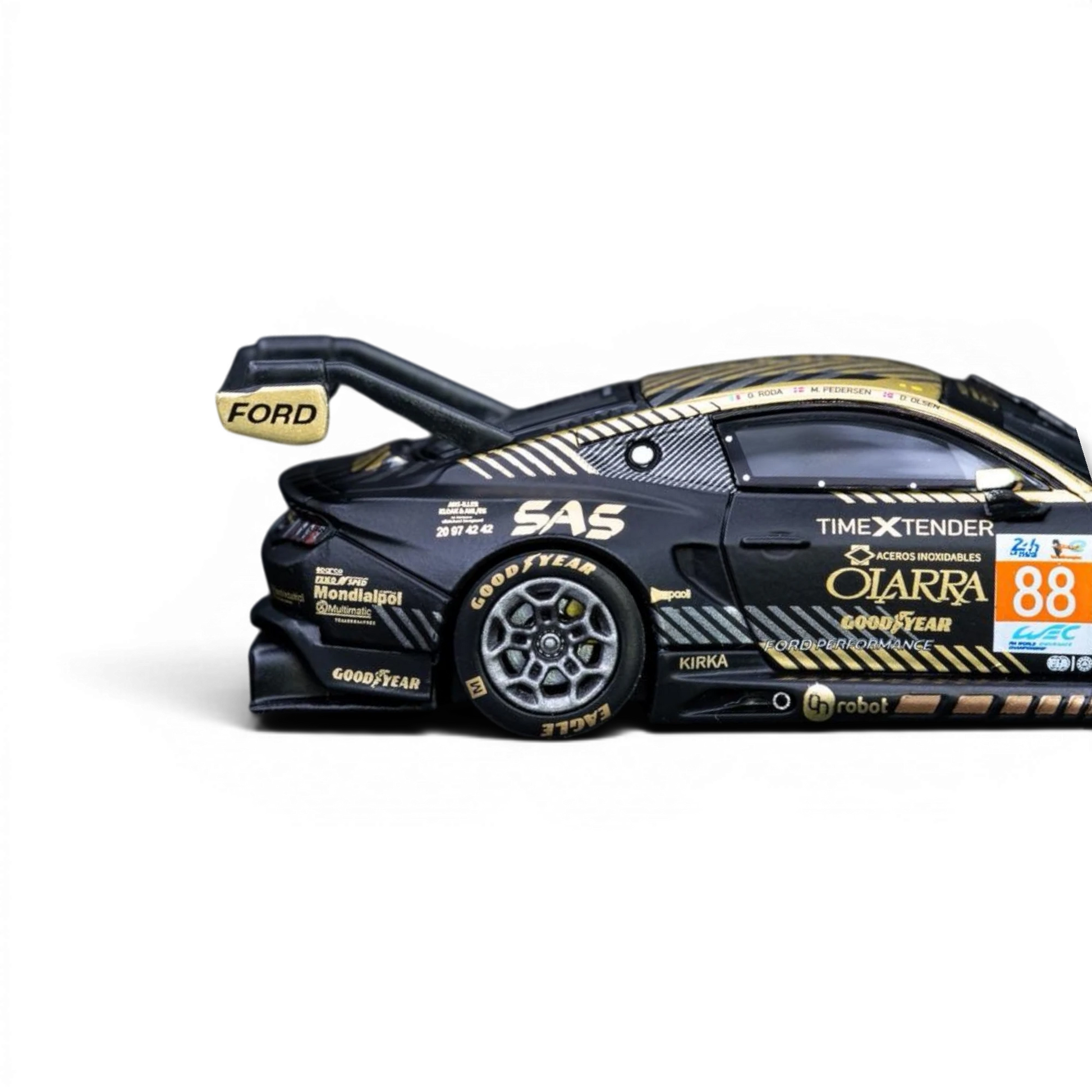 Lot57Supplies Diecast Shop EA Elowen 1:64 scale black and gold Ford Mustang GT3 race car side profile