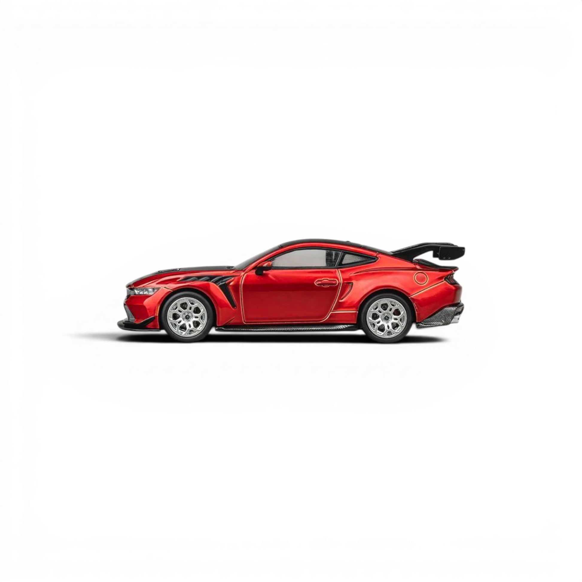 Lot57Supplies Diecast Shop CM Model Ford Mustang GTD 1:64 scale diecast model in flame red with black accents and large rear spoiler.