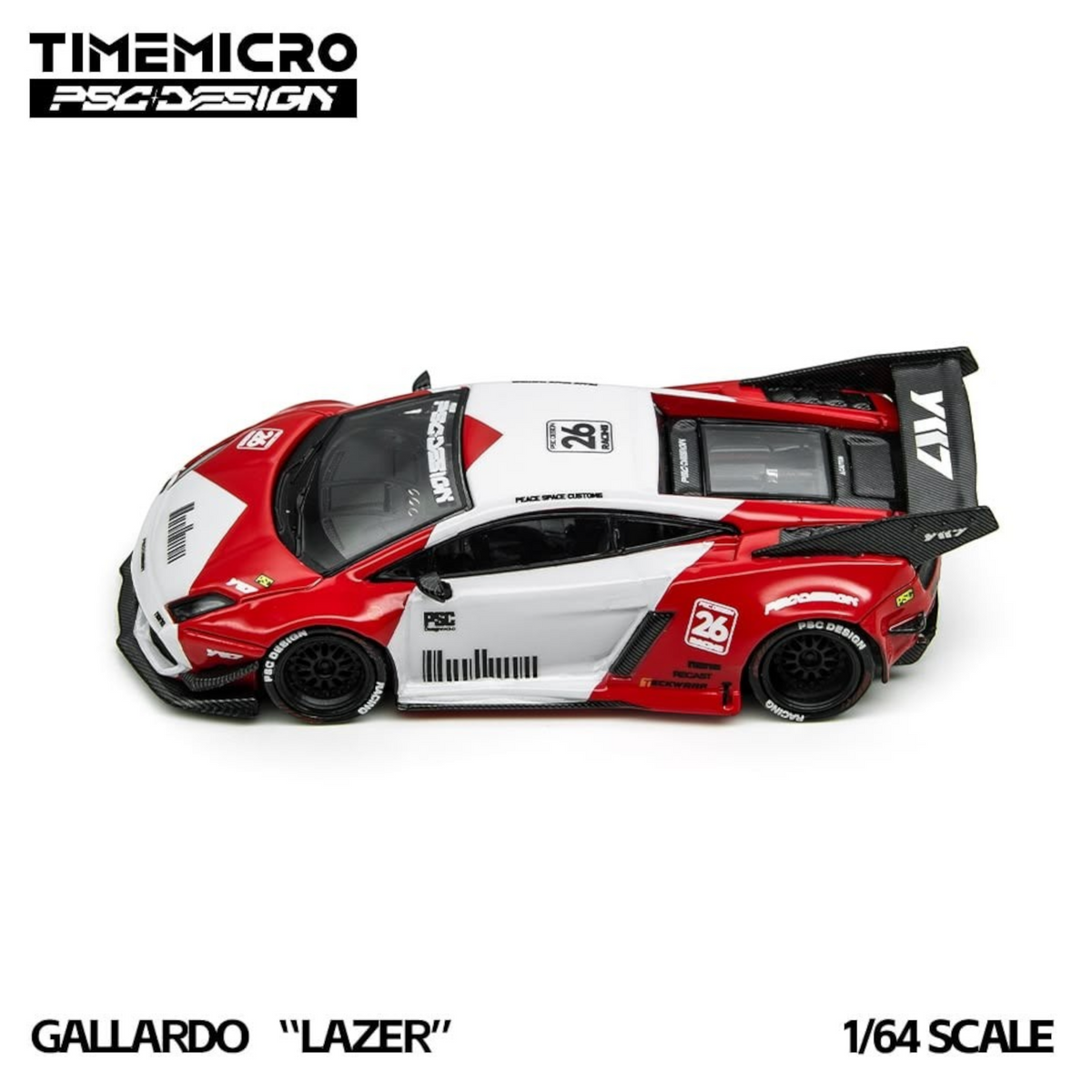 Lot57Supplies Diecast Shop 1:64 scale TimeMicro x PSC DESIGN Gallardo Lazer diecast car in red and white livery